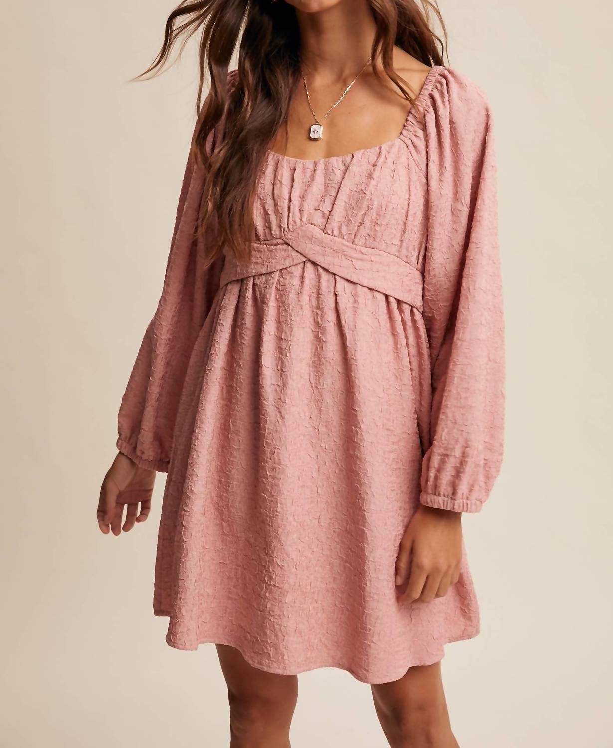 Listicle - Textured Square Neck Babydoll Mini Dress