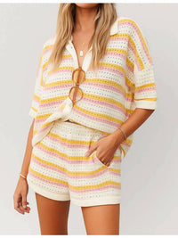 Sweetkama - July Stripe Color Block Knit Top & Shorts Set