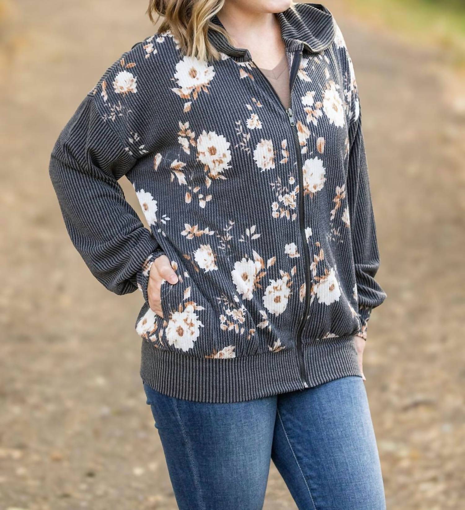 Michelle Mae - Ramona Ribbed Floral Zip Up Hooded Bomber Jacket