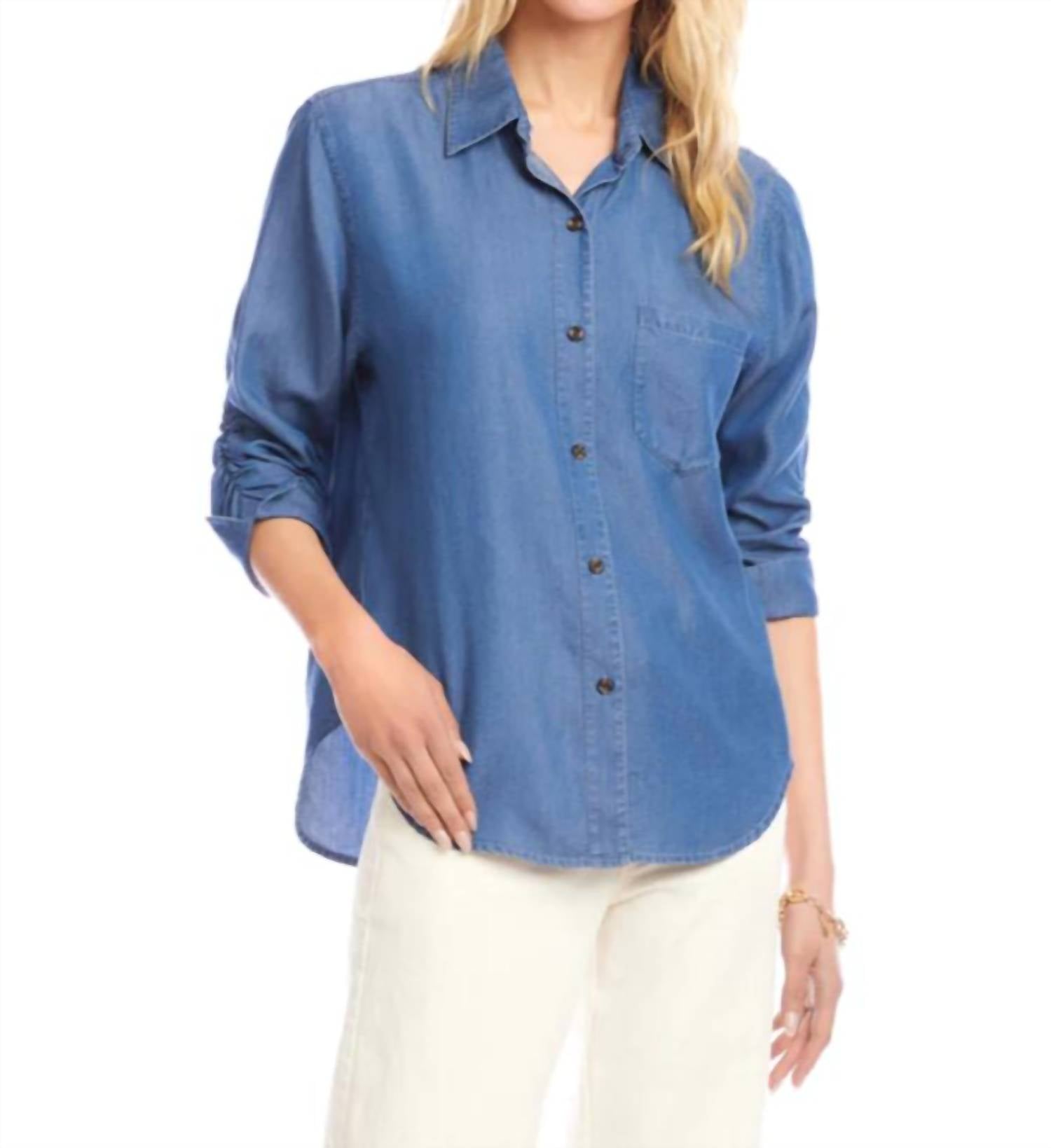 Karen Kane Ruched Three Quarter Sleeve Button-up Shirt in chambray - women's blouse