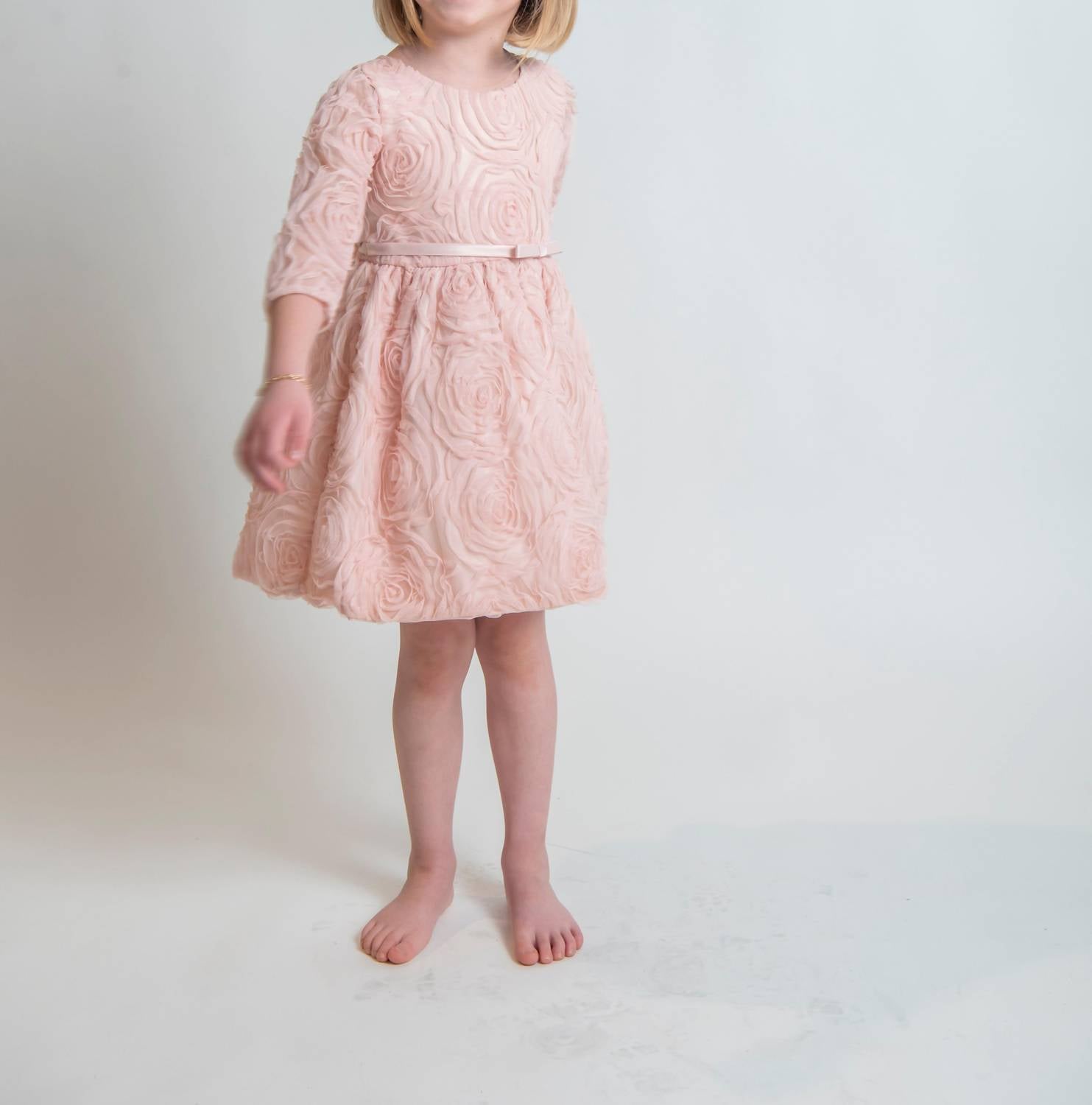 Sweet Kids - Three Quarter Sleeve Rosette Mesh Satin Dress