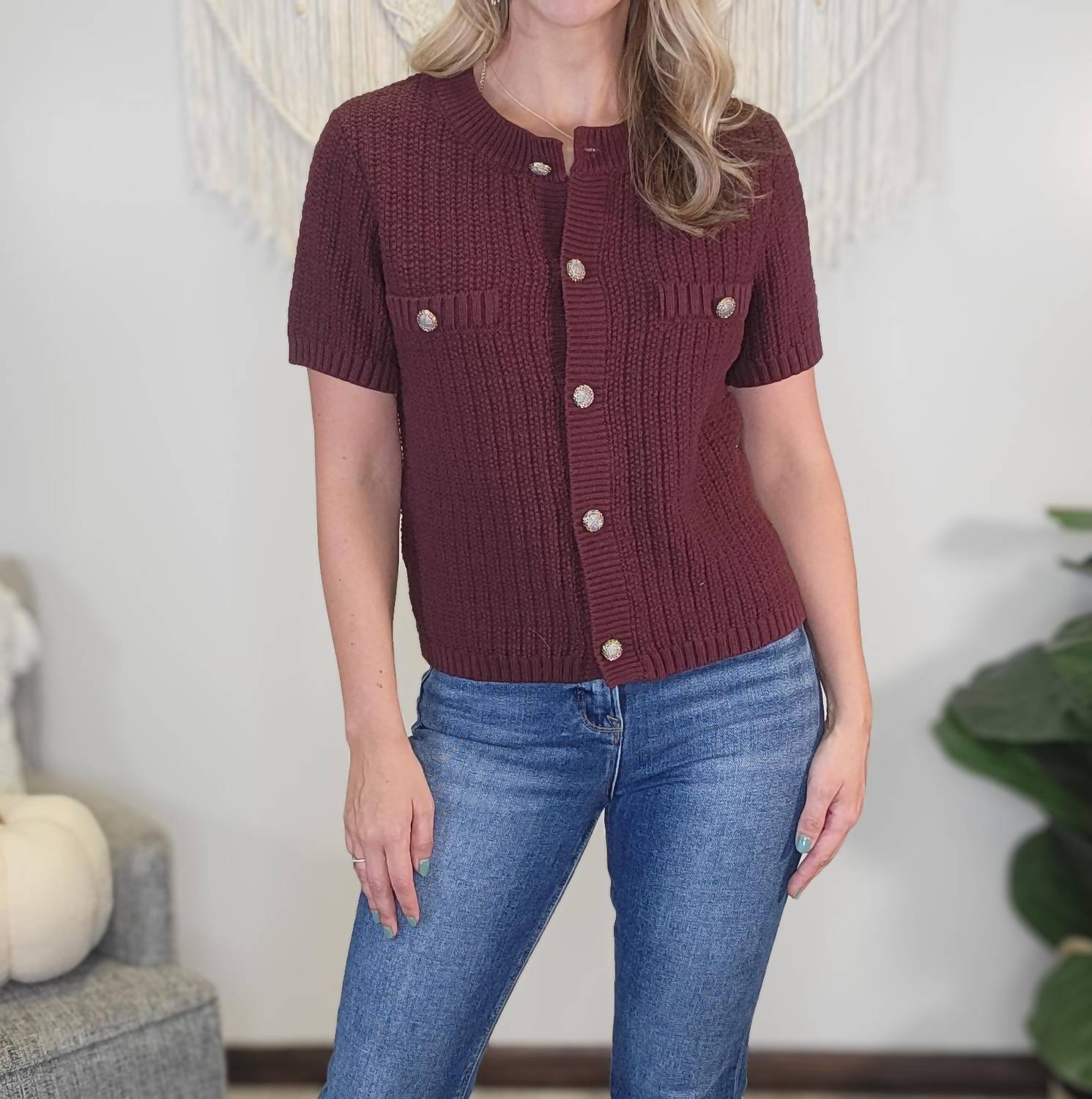 Hem & Thread Finley Sweater Top in red - women's t-shirt - detail view