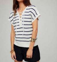 Fifteen Twenty - Beth Crochet Stripe Lace-up Sweater