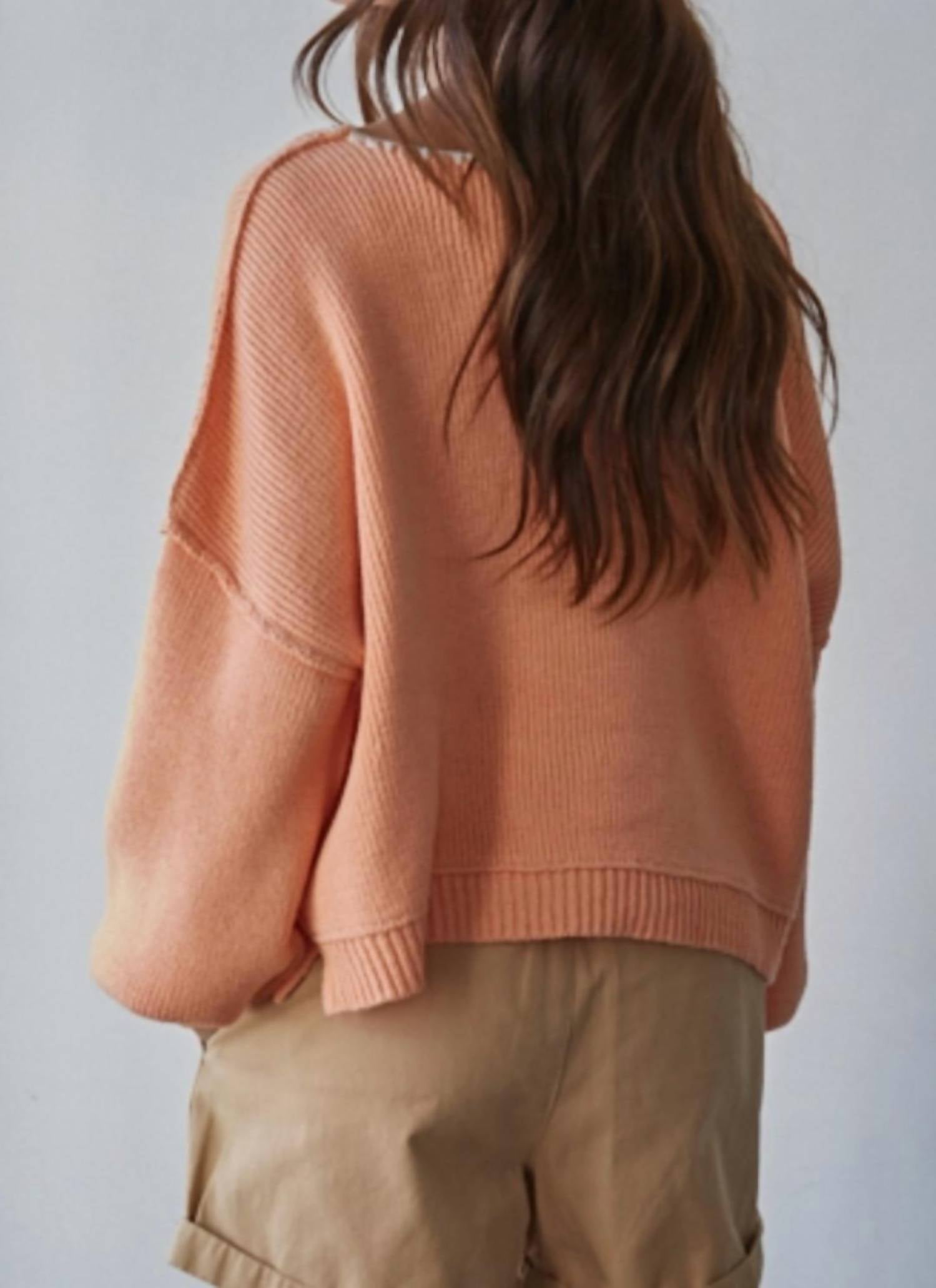 By Together Women's Contrast Stitch Pullover Sweater in coral - women's sweater - detail view