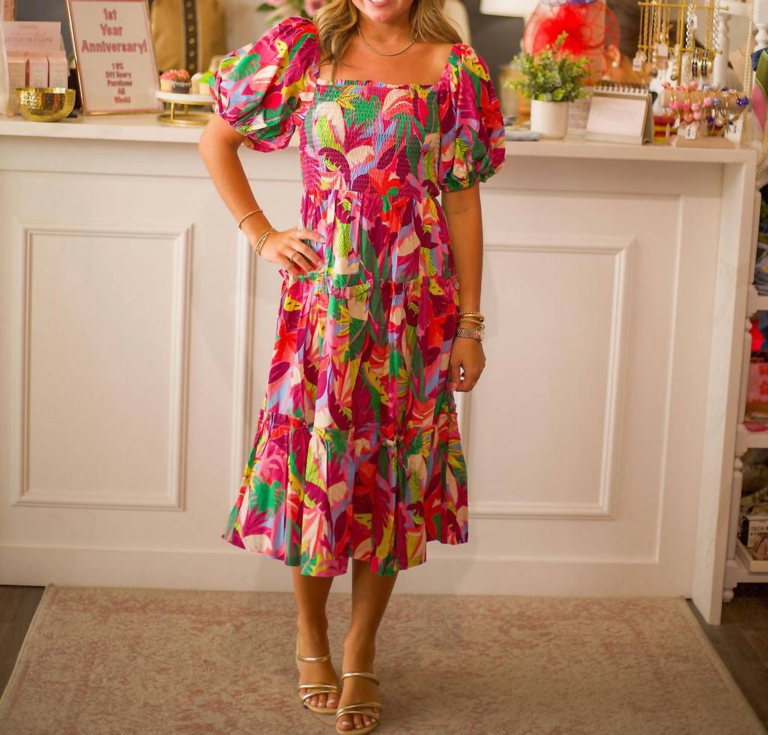 PINCH Square Neck Midi Dress in pink multi - women's dress - view 5