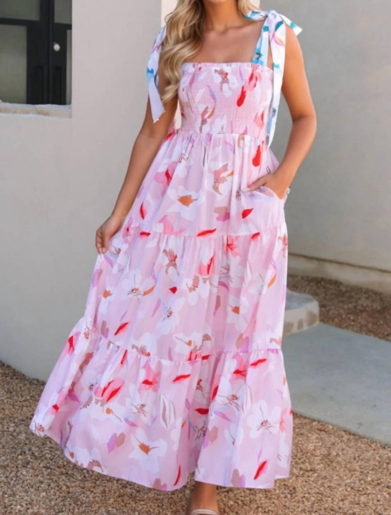 1 The Woman - Floral Print Knotted Shoulder Smocked Maxi Dress