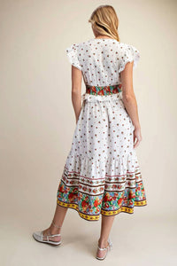 Easel - Floral Border Print Cap Sleeve Midi Dress