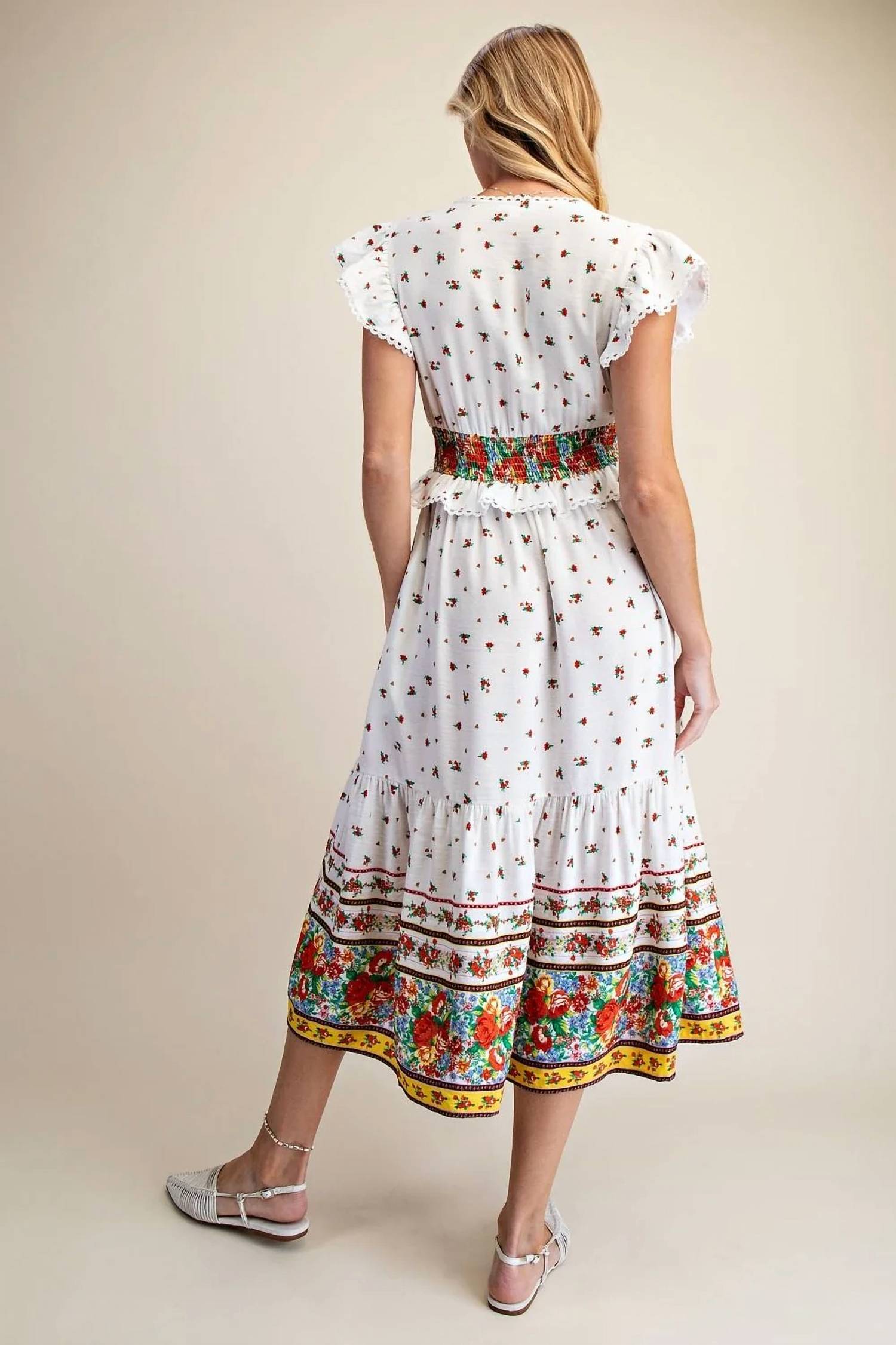 Easel - Floral Border Print Cap Sleeve Midi Dress