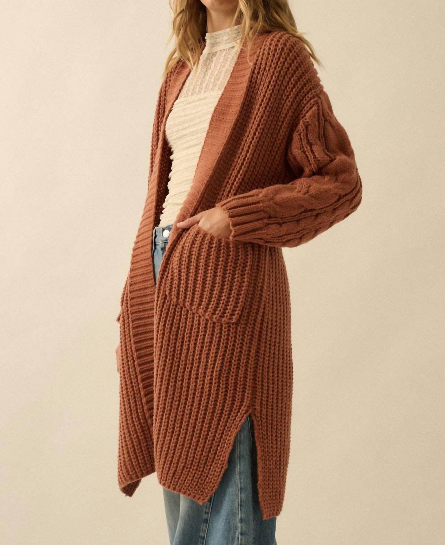 Promesa - Solid Rib Knit Open Front Cable Knit Cardigan