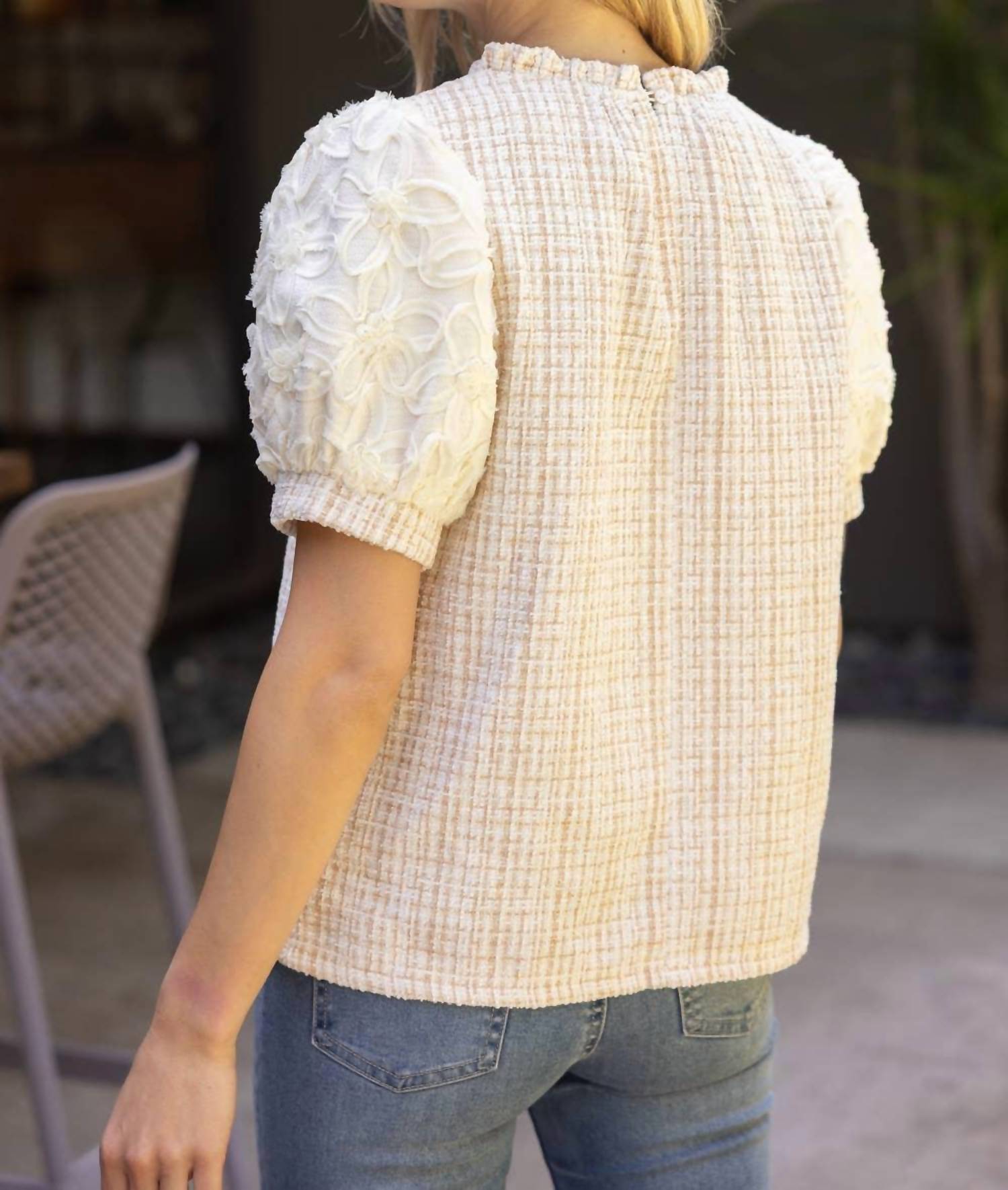 Voy - Floral Lace Sleeve Plaid Textured Tweed Top