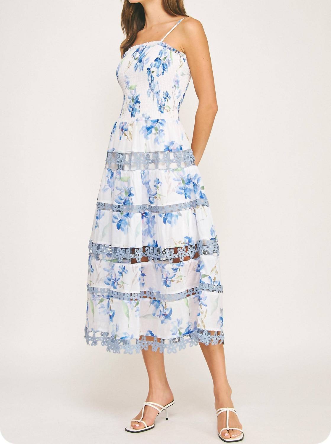 Strut & Bolt - Floral Print Smocked Lace Trim Midi Dress