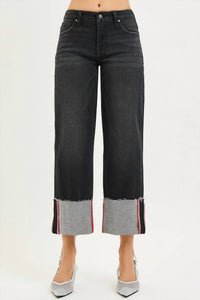RISEN Tummy Control Mid Rise Crop Wide Cuffed Jeans in charcoal - women's jeans