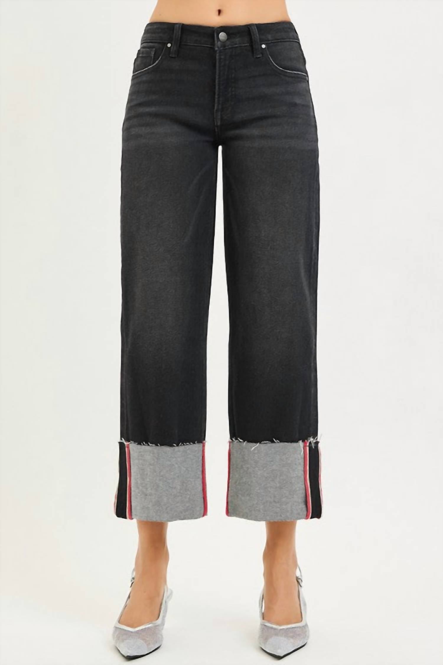 RISEN Tummy Control Mid Rise Crop Wide Cuffed Jeans in charcoal - women's jeans