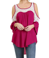 umgee Cold Shoulder Top With Lace Details in berry - women's blouse