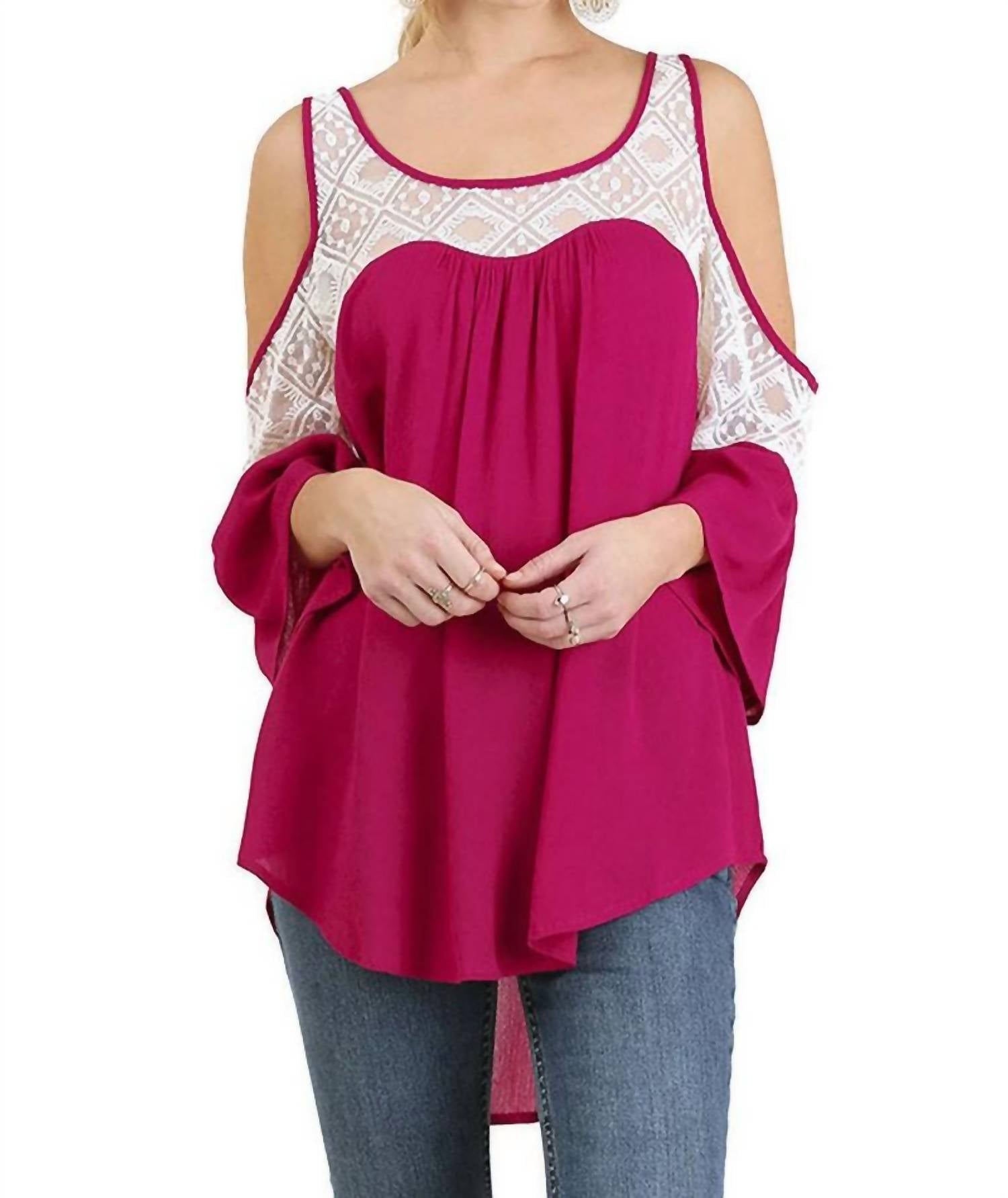 umgee Cold Shoulder Top With Lace Details in berry - women's blouse