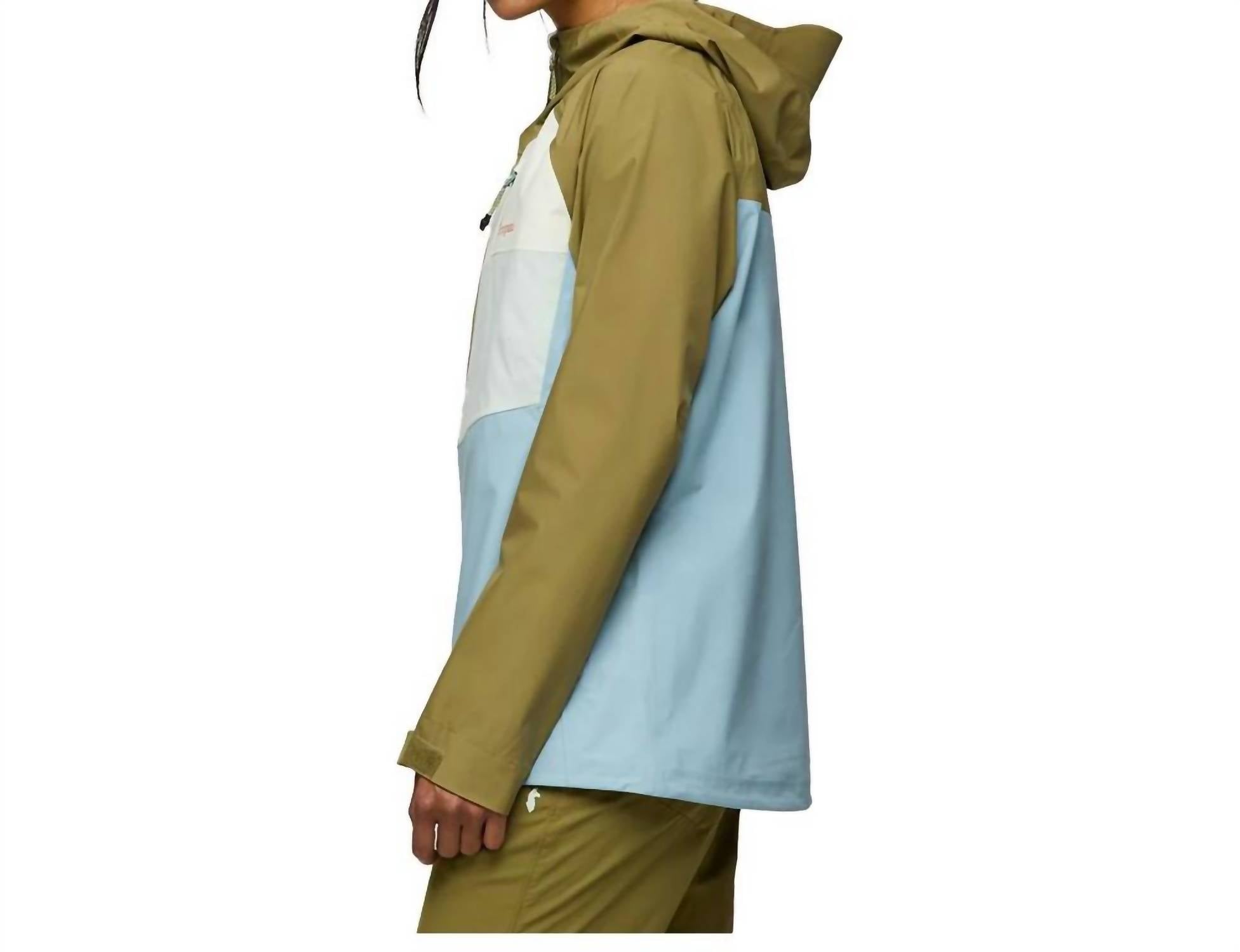 cotopaxi Impermeo 3l Waterproof Hooded Shell Jacket in moss sea spray - women's jacket - detail view