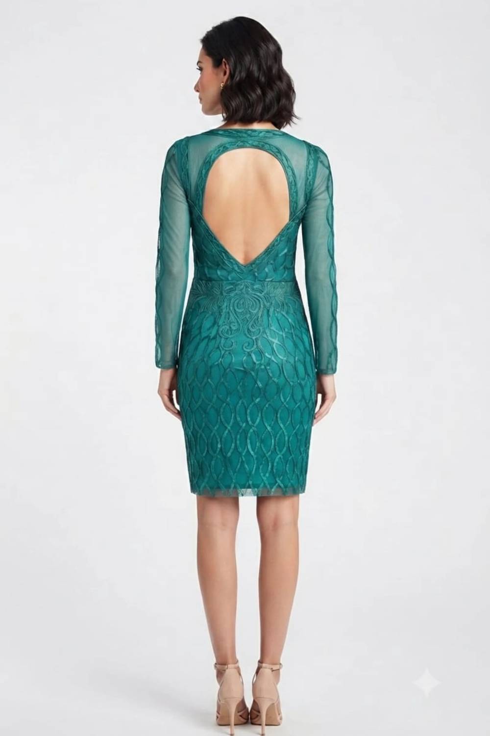 Sue Wong - Long Sleeve Embroidered Open-back Dress