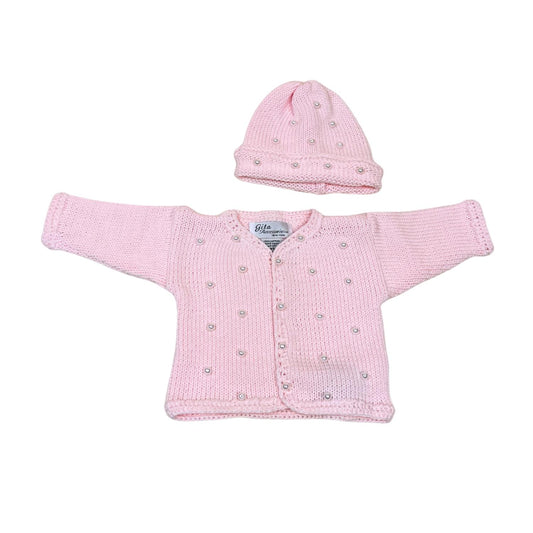 Gita - Girl's 2pc Pink Cotton Sweater With Pearls & Hat