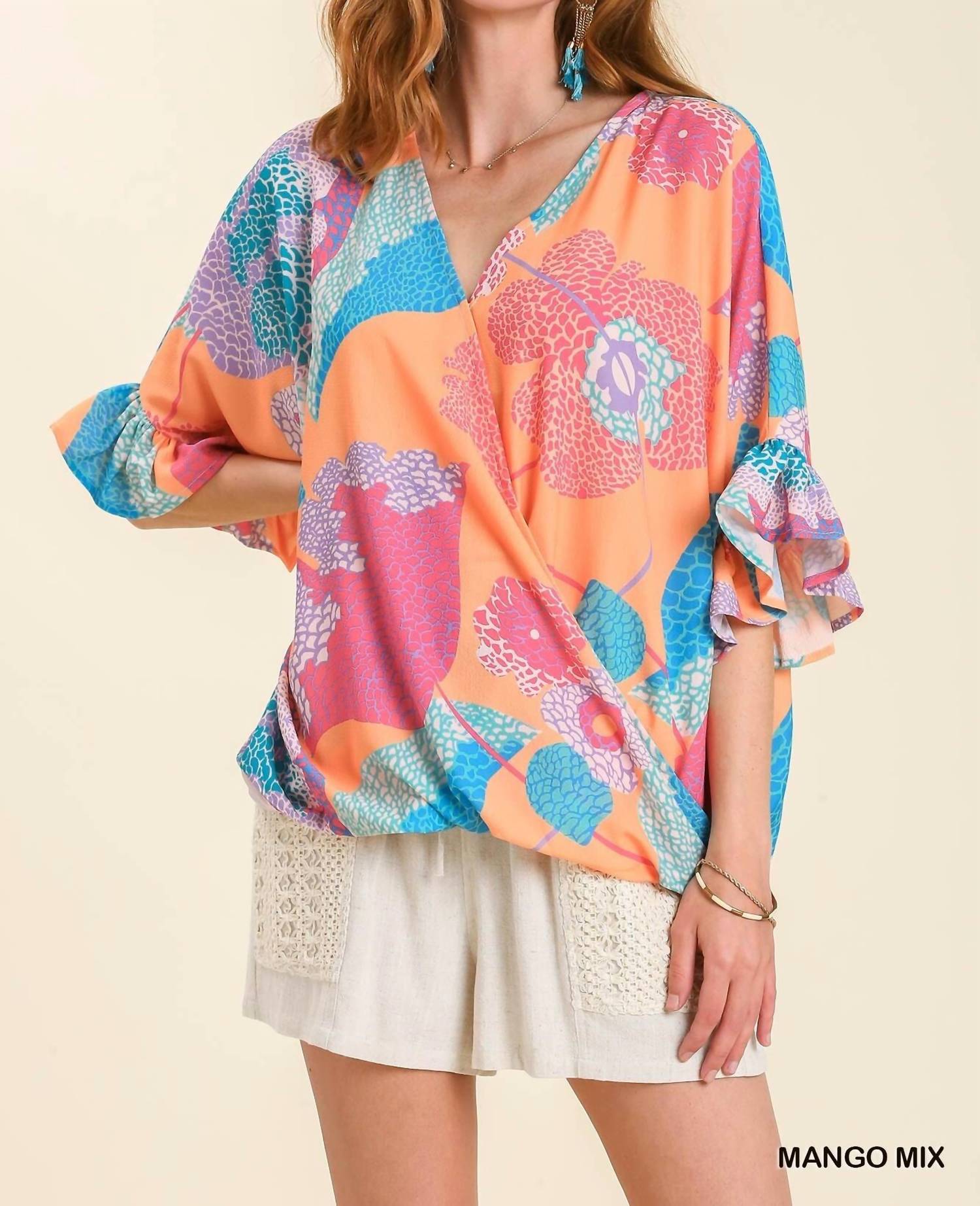 Umgee - Print V-neck Top With Ruffled Sleeves