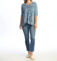 Jess & Jane - Riva Neck Elbow Sleeve Top With Contrast Pocket & Buttons