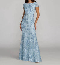 Mac Duggal - Floral Applique Boat Neck Cap Sleeve Gown