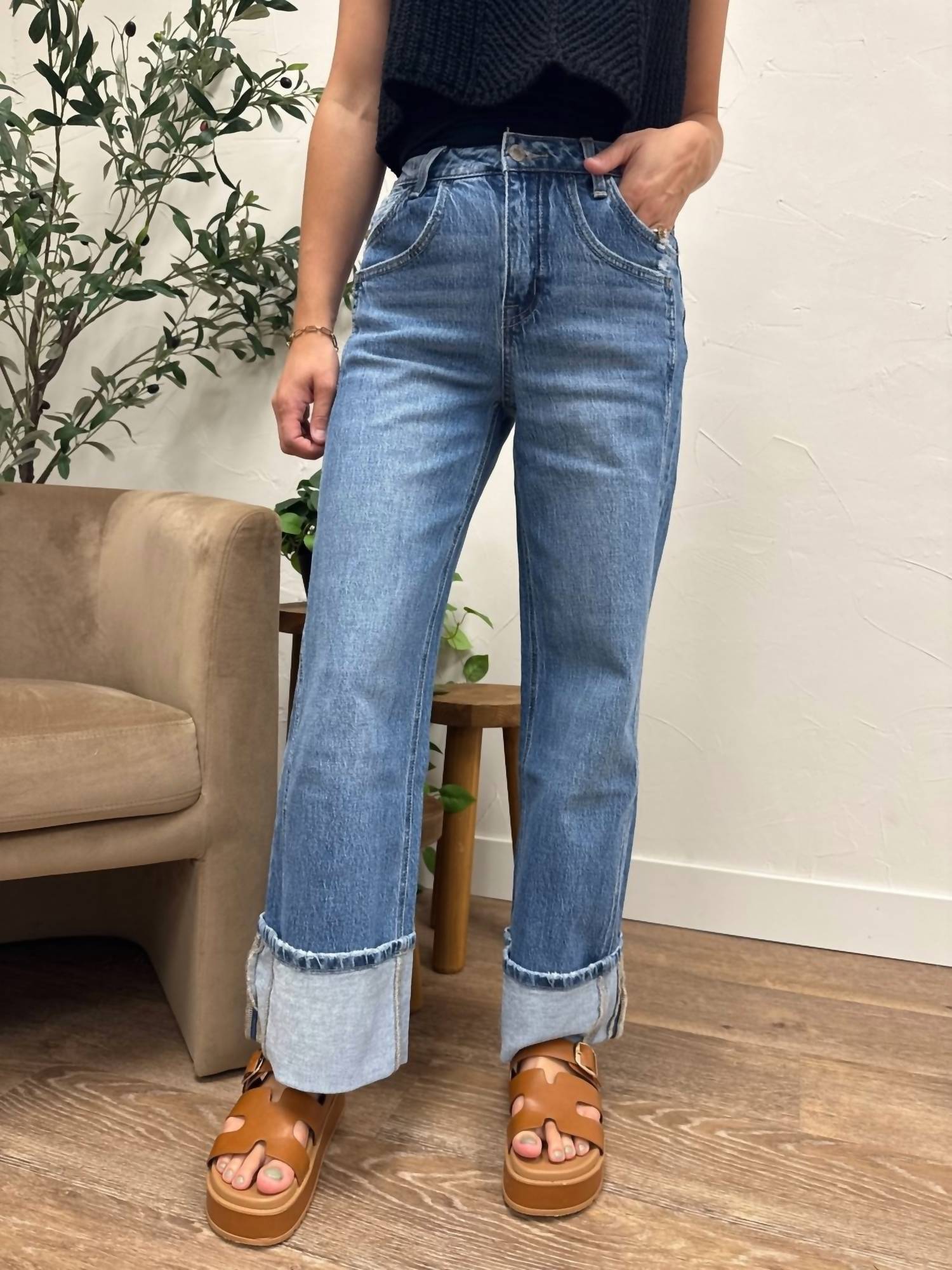 VERVET BY FLYING MONKEY High Rise Baggy Wide Leg Jeans in med wash - women's jeans