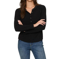Flags & Anthem Cambria Embroidered Waffle Henley Top in black - women's long sleeve top - detail view