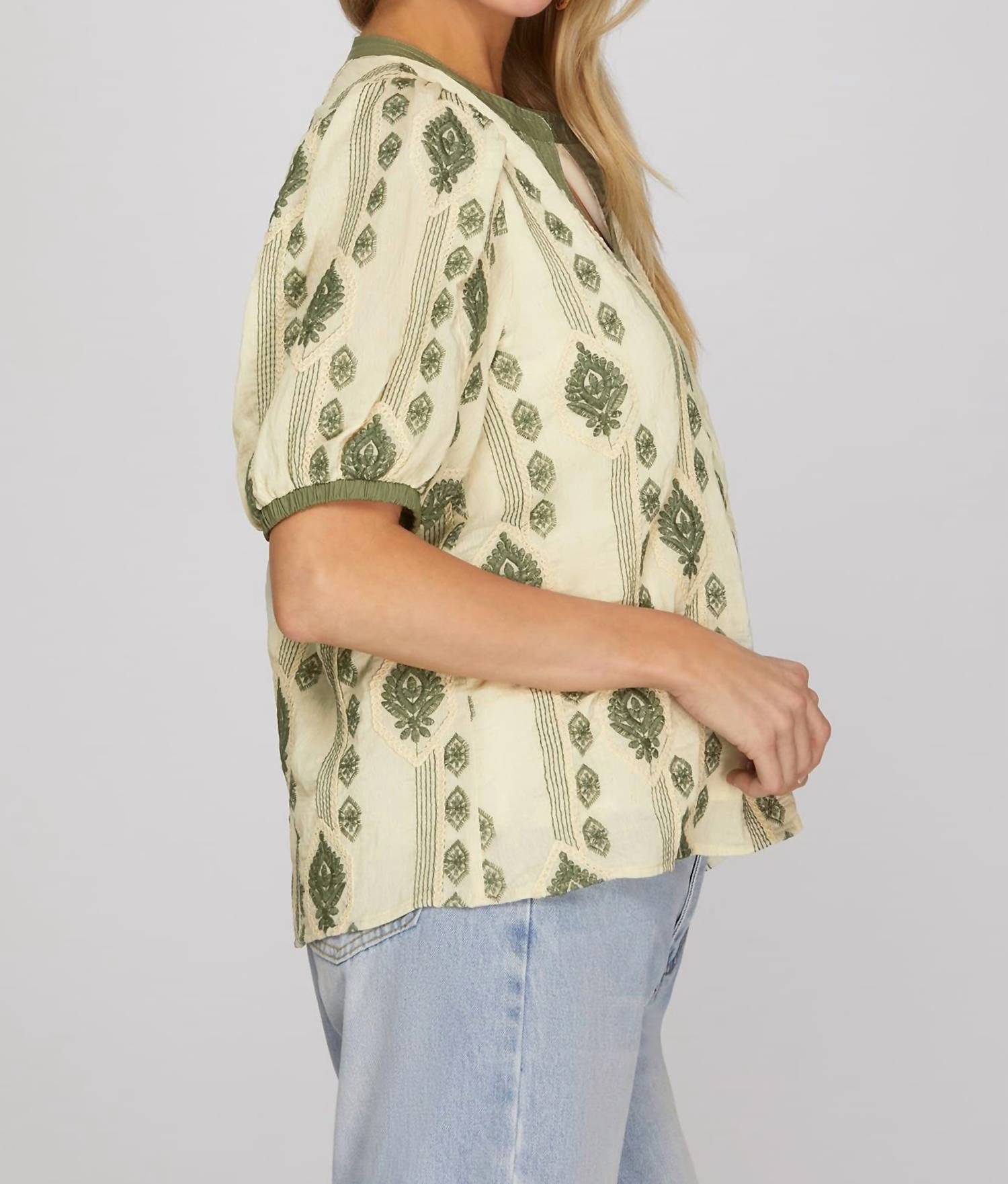 She + Sky - Sage Embroidered Bubble Sleeve Top