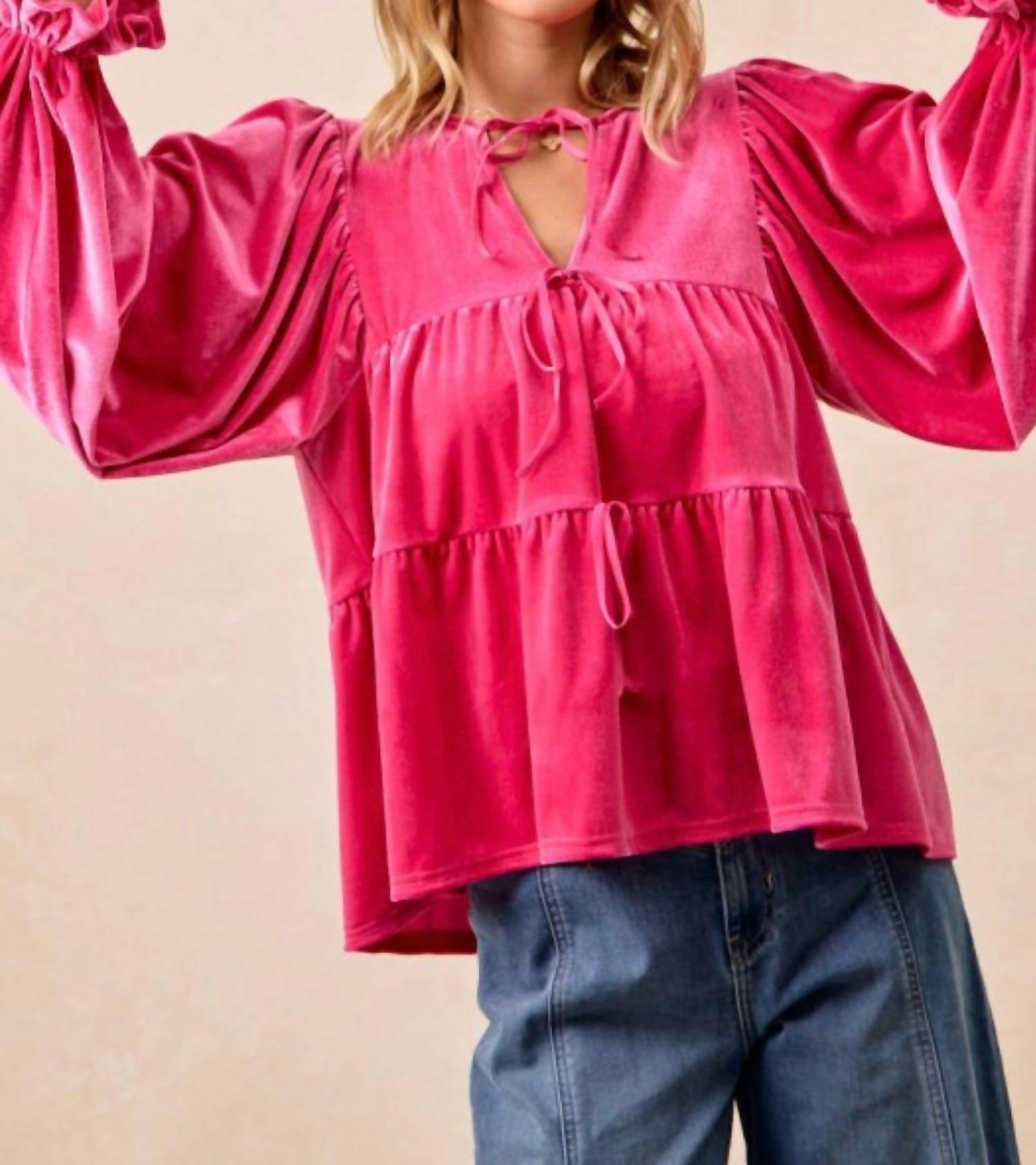LovLov Sweetheart Velvet Bow Top in pink - women's blouse - view 5