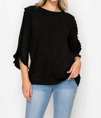 Joh suede top with ruffle on sleeve in black - women's blouse