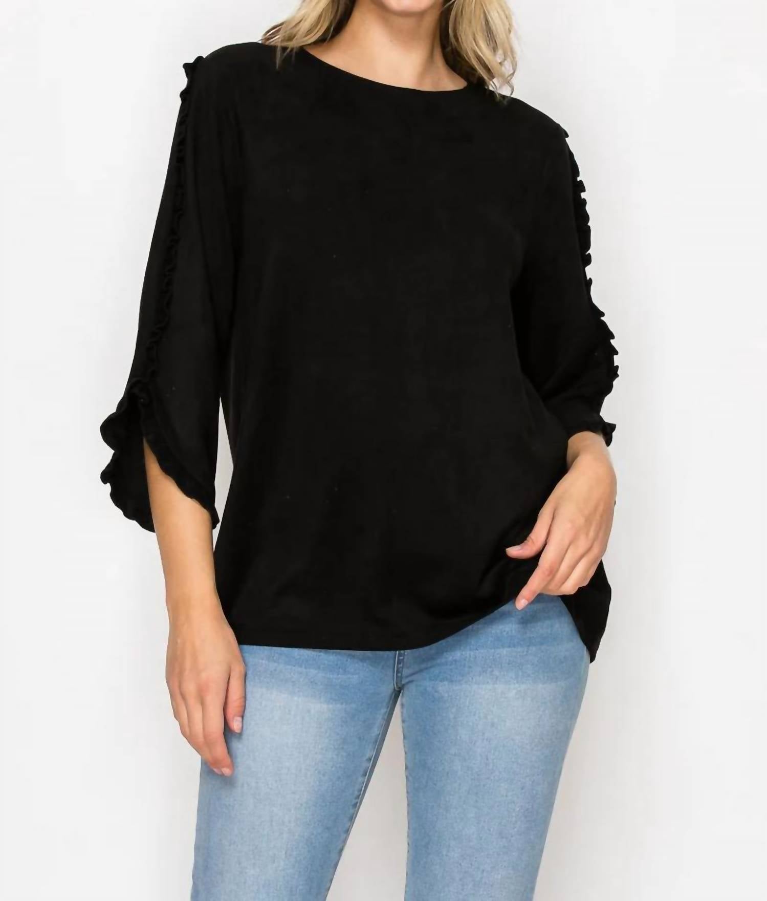 Joh suede top with ruffle on sleeve in black - women's blouse