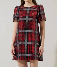 SUGARLIPS Sequin Plaid Mini Dress in red multi - women's dress