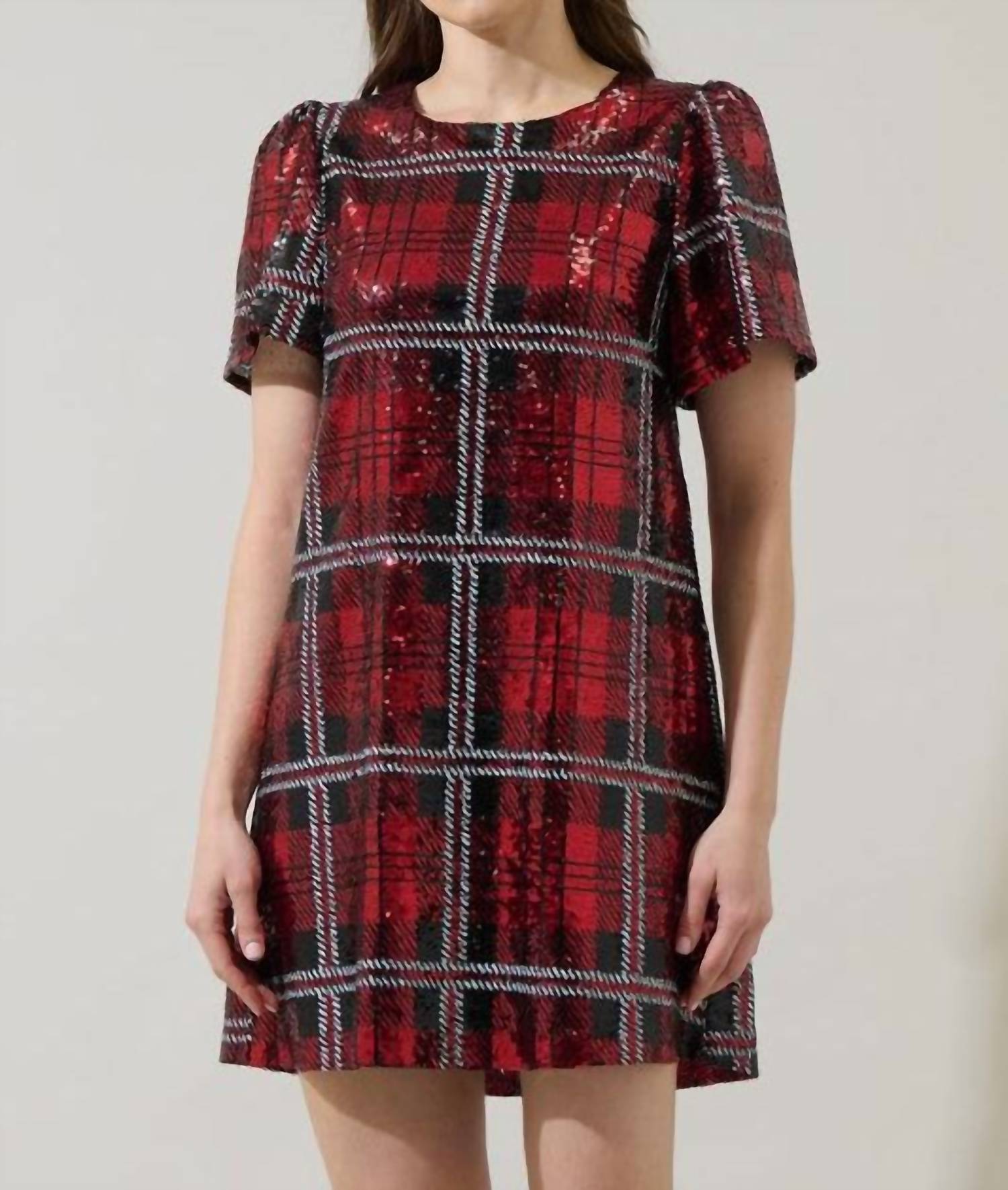SUGARLIPS Sequin Plaid Mini Dress in red multi - women's dress