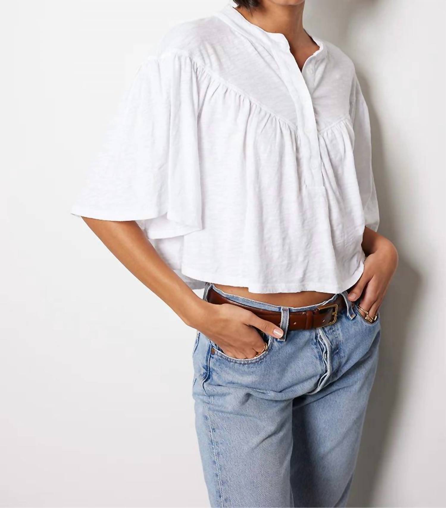 bobi Blake Boho Henley Blouse in white - women's blouse - detail view
