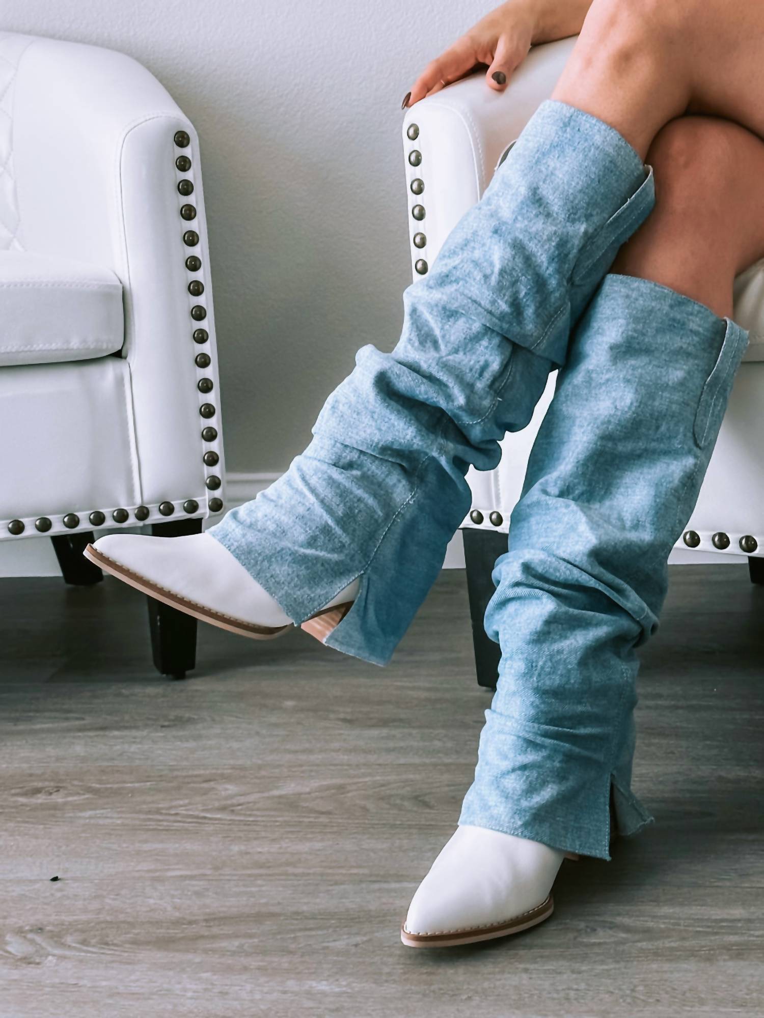 OASIS SOCIETY Women's Thea Denim Fold Over Slit Jean Boot in blue - women's shoe