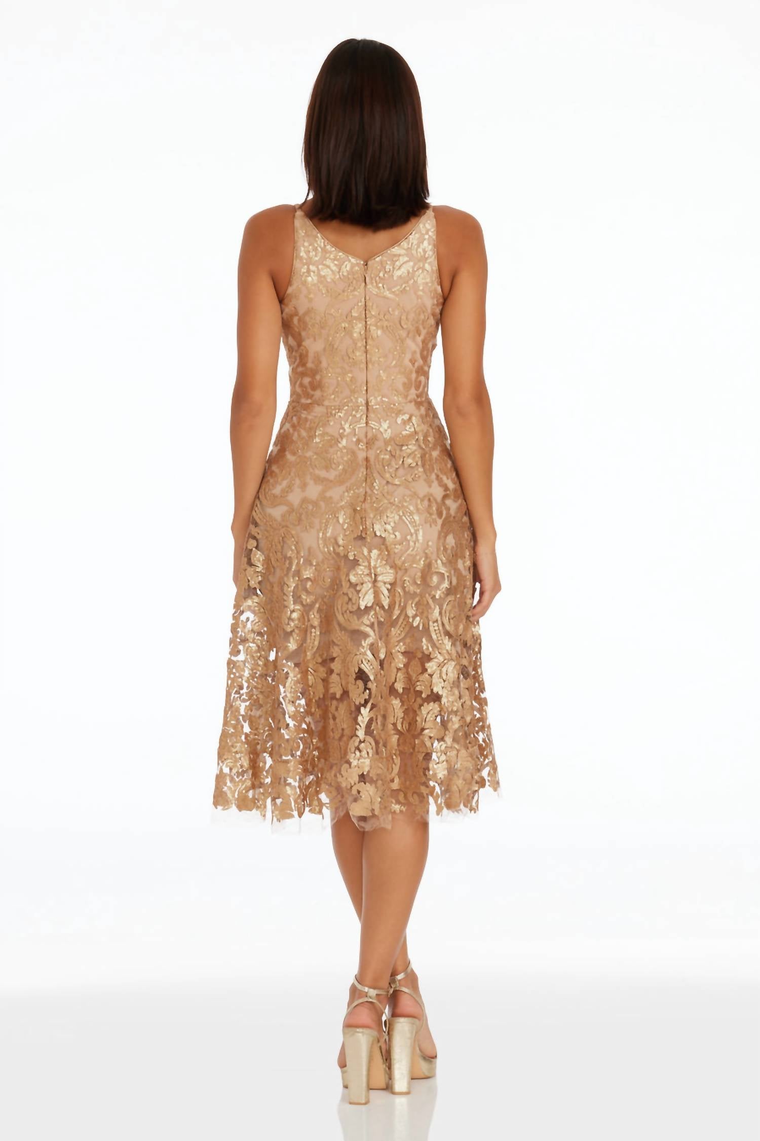 DRESS THE POPULATION Blair Midi Dress in gold nude - women's dress - alternate view