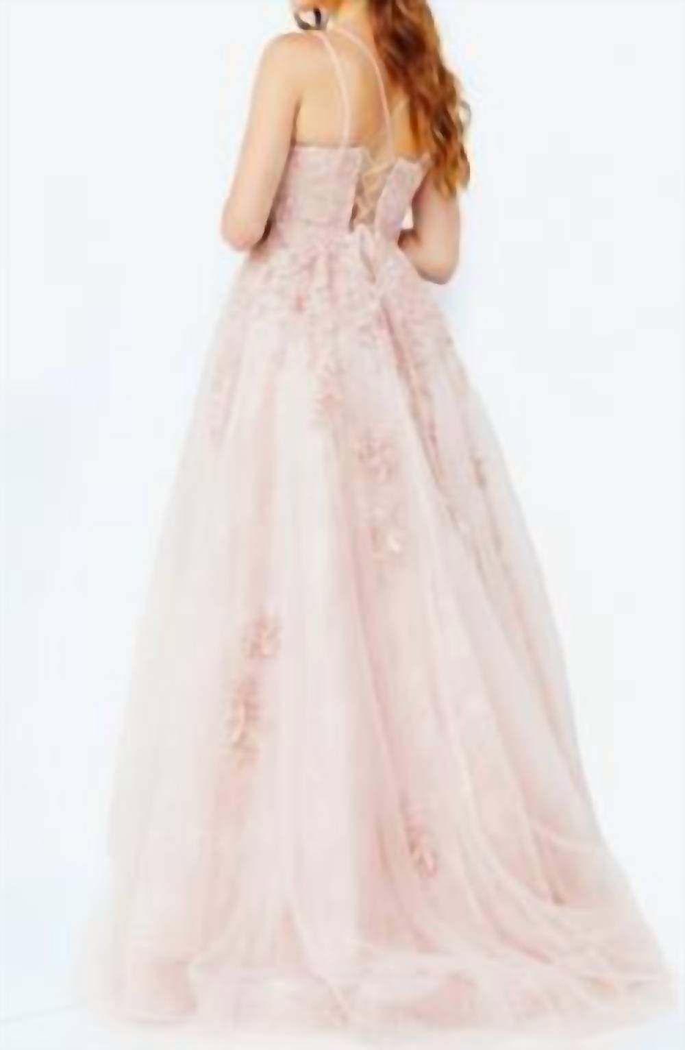 JOVANI Spaghetti Strap Embroidered Prom Gown in blush - women's dress - alternate view