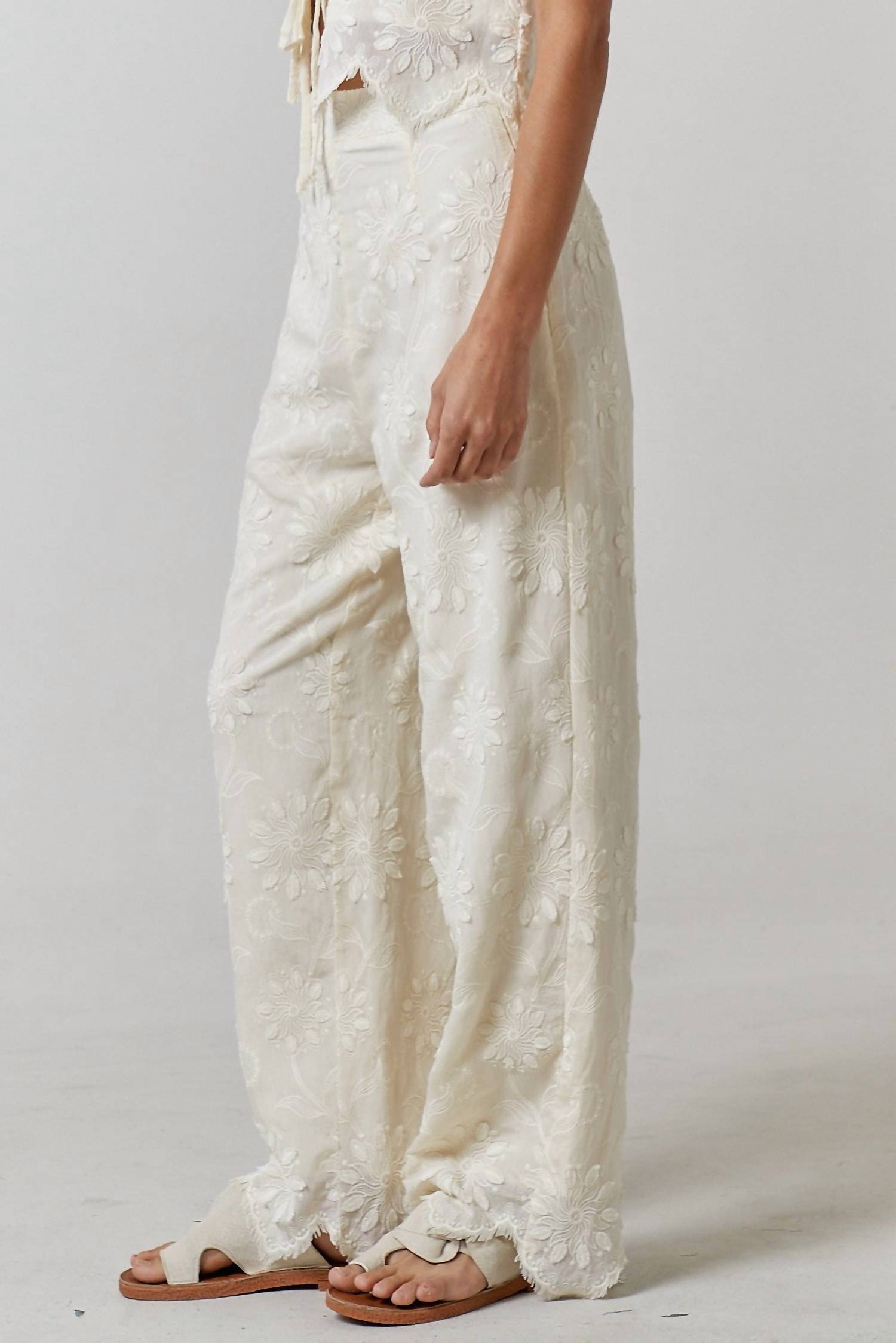 Lalavon - Floral Embroidery Wide Leg Trouser Pants