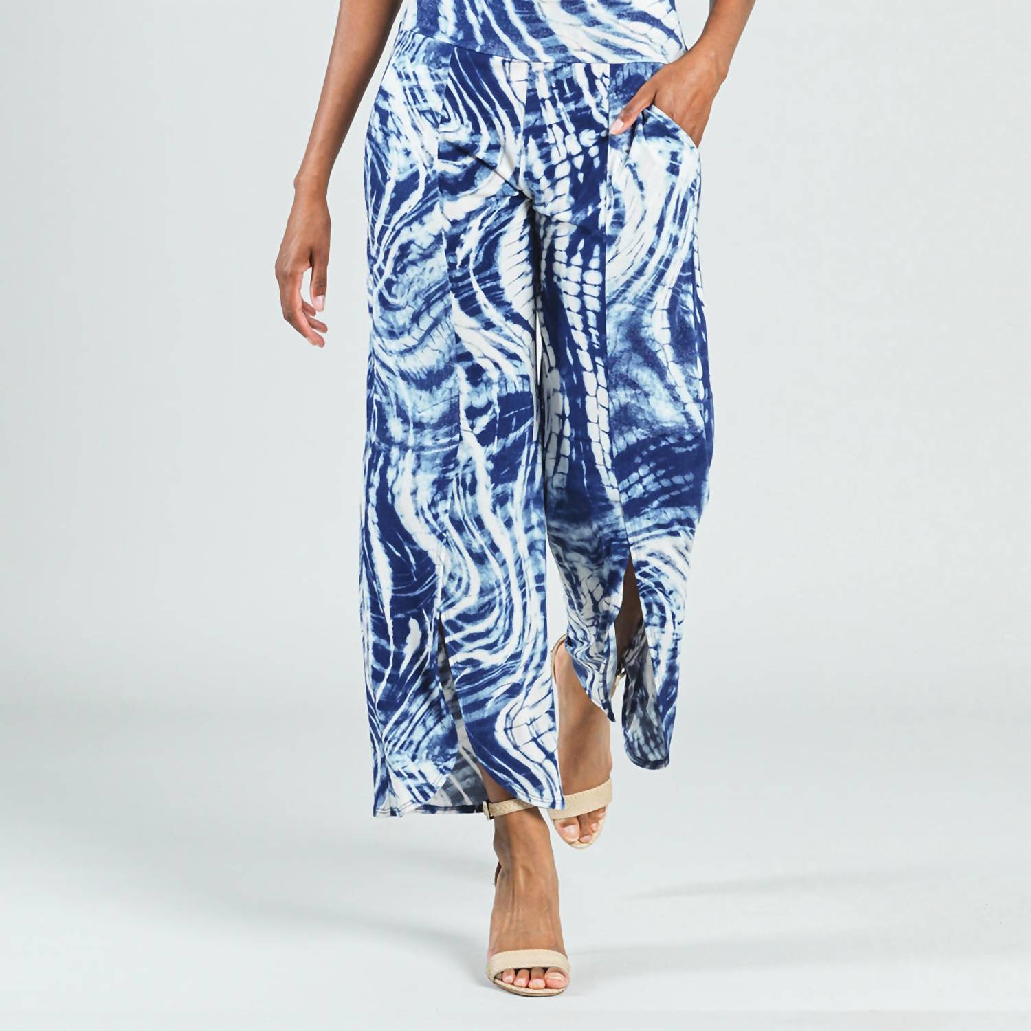 Clara Sun Woo Crepe Knit Front Slit Ankle Petal Pant in swirl wave - women's pants