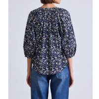 APIECE APART Mitte Open V-neck Top in mira flora navy - women's blouse - detail view