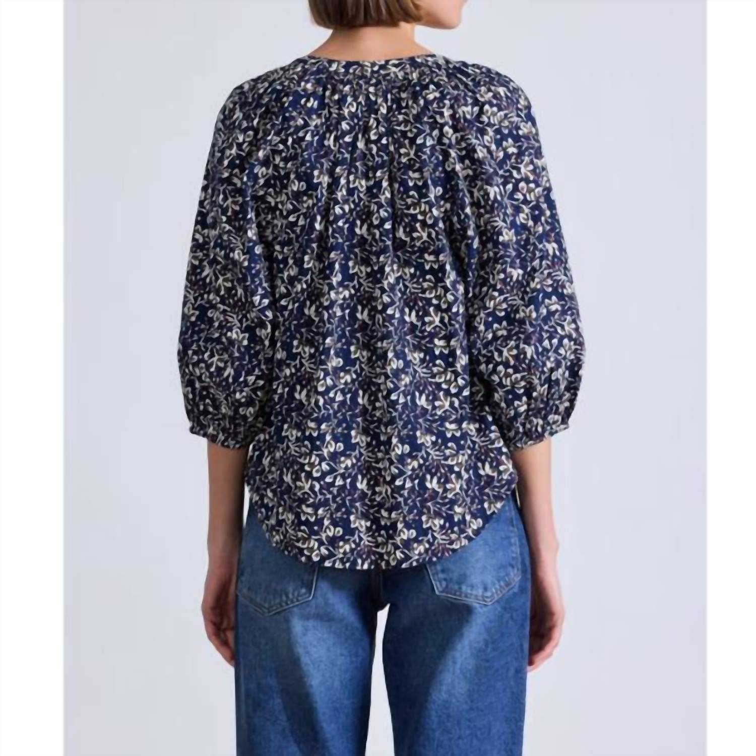 APIECE APART Mitte Open V-neck Top in mira flora navy - women's blouse - detail view