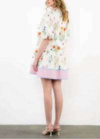 Rosa Clothing Marbella Bohemia Floral Puff Sleeve Relaxed Midi Dress in white - women's dress - detail view