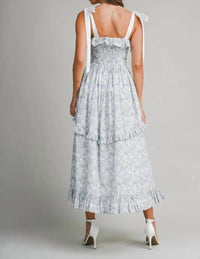 Mable - Floral Printed Contrast Shoulder Strap Midi Dress