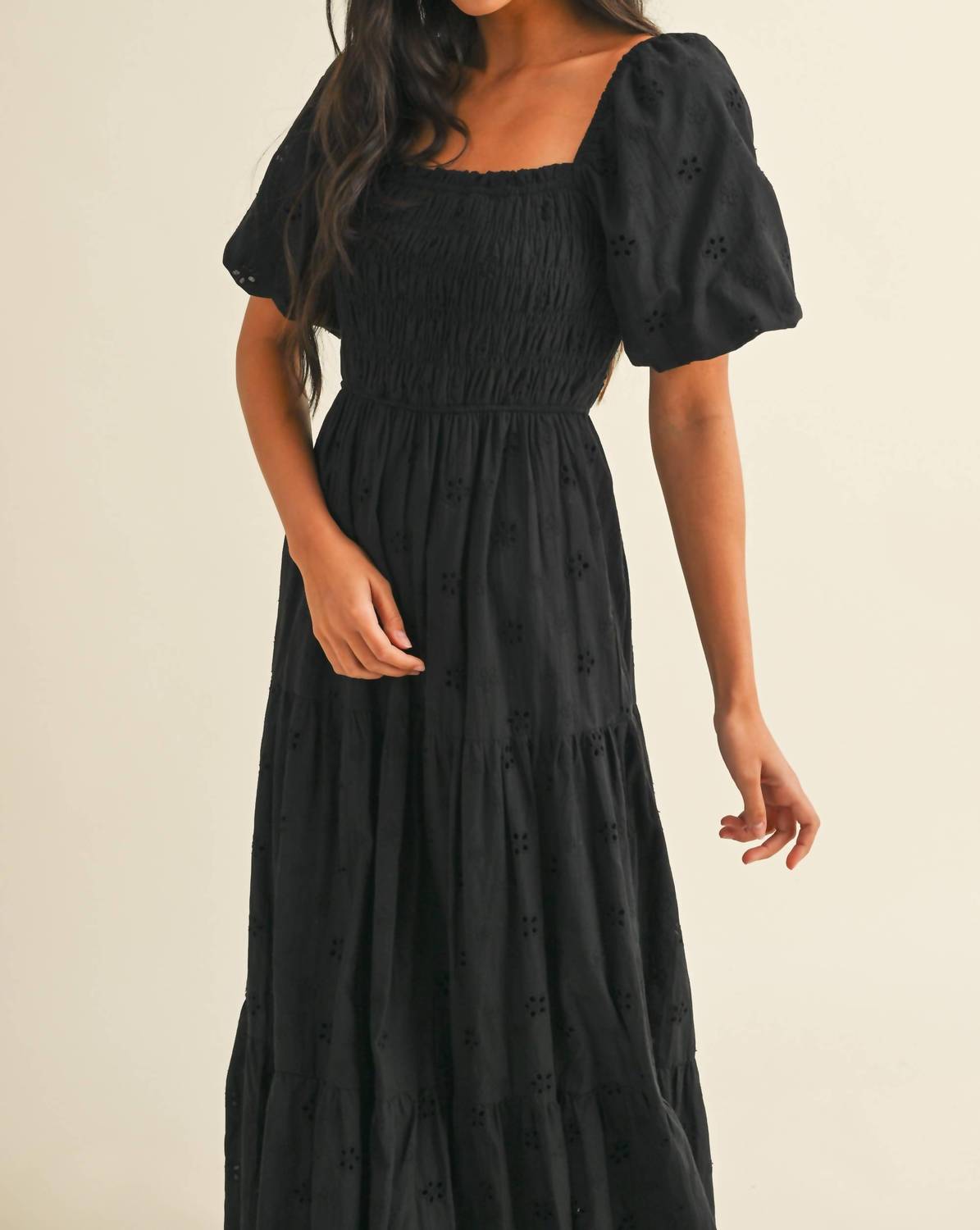 Klesis - Eyelet Puff Sleeves Midi Dress With Smocking