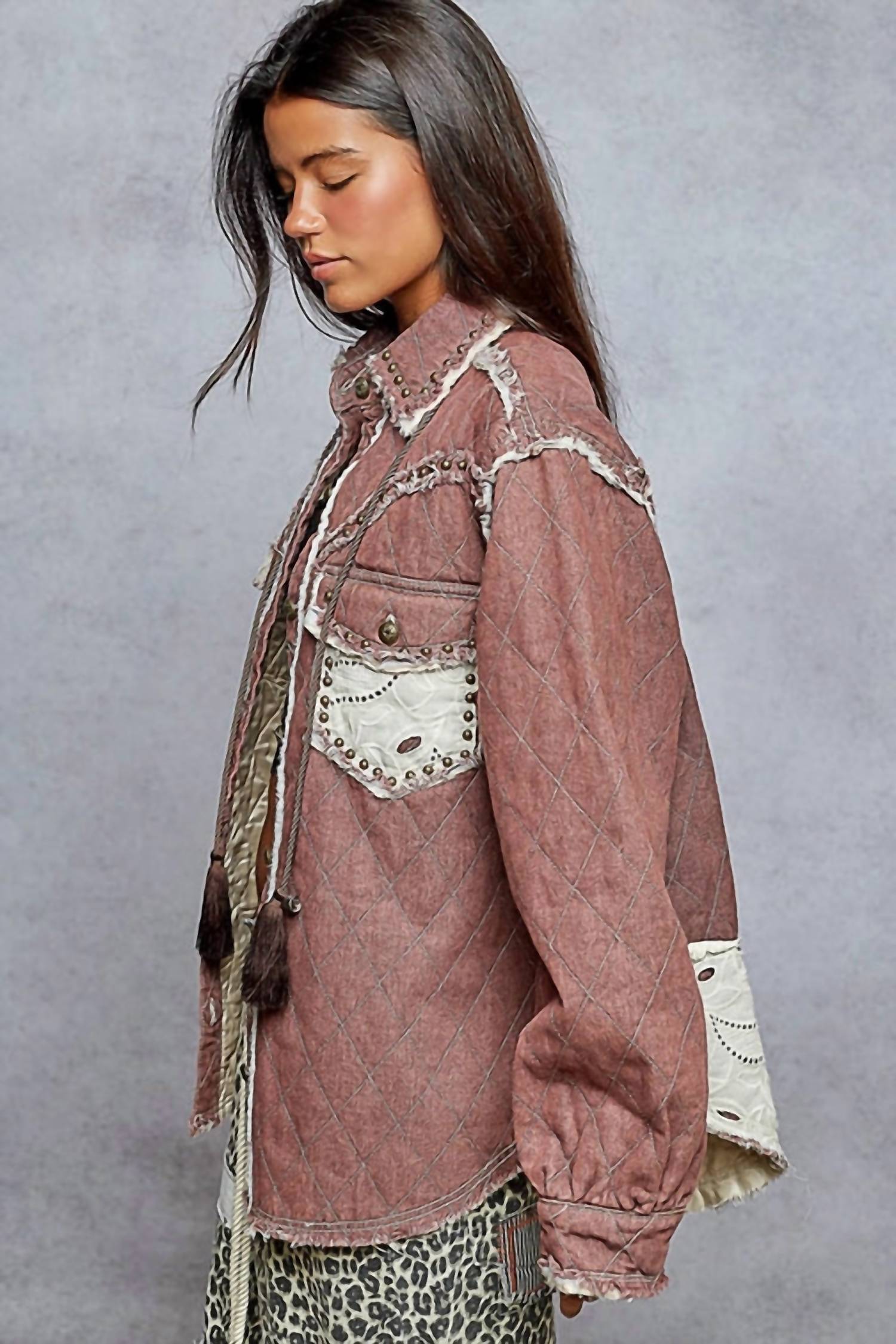 Pol - Long Sleeve Western-inspired Yoke Studded Lace Panel Jacket