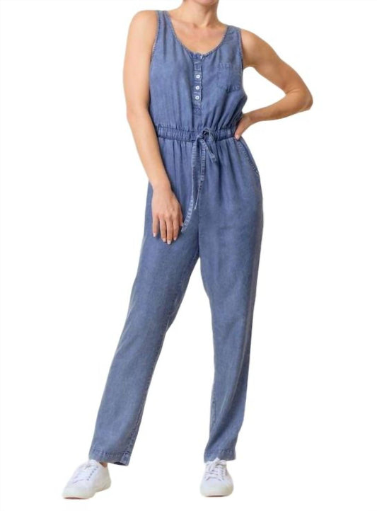 Doe And Rae - SCOOP NECKLINE SLEEVELESS DRAWSTRING WAIST HENLEY JUMPSUIT WITH FRONT POCKET