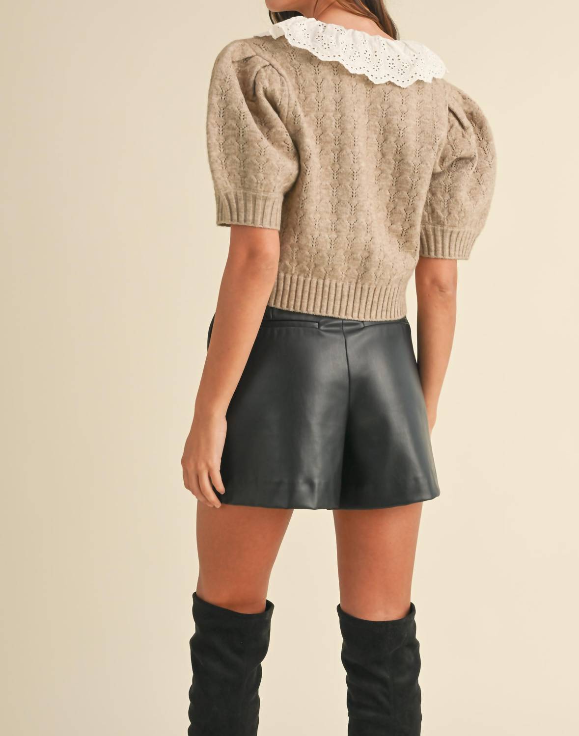 Mable - Lace Crochet Collar Pointelle Knit Cardigan