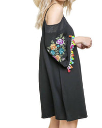 Umgee - Floral Embroided Pom And Tassel Mini Dress
