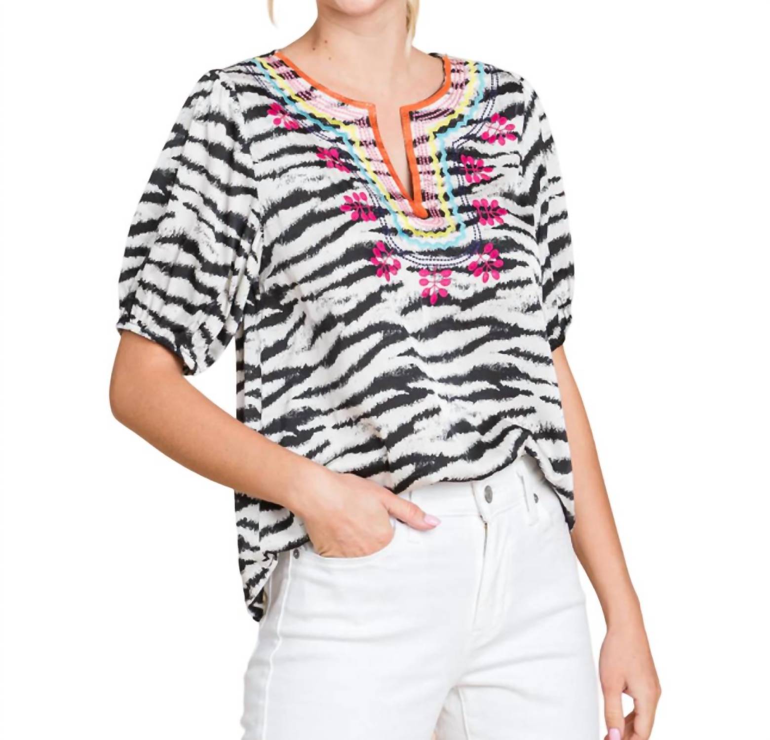 Jodifl - Zebra Print Embroidered Yoke Top