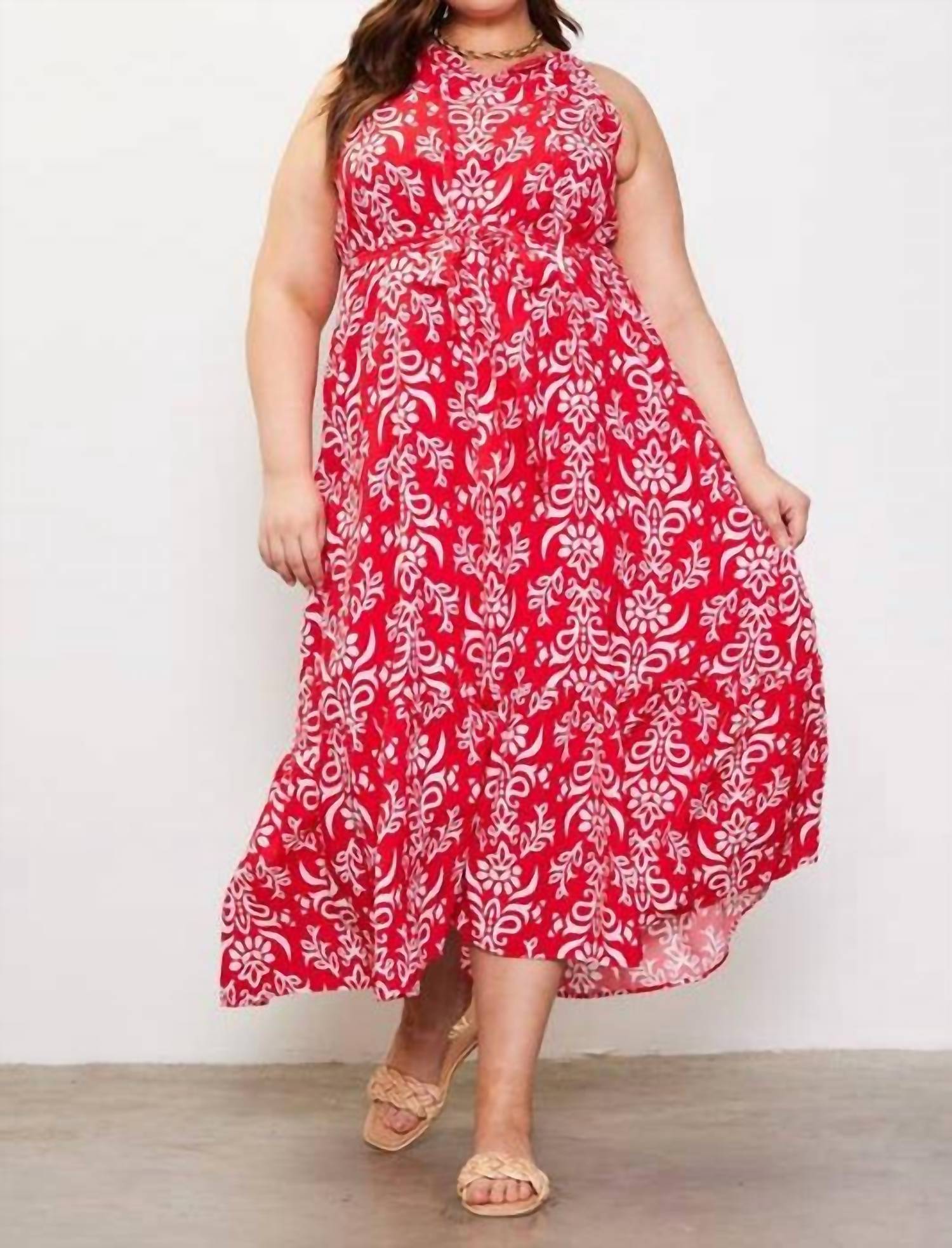Skies Are Blue - Printed Halter Neck Maxi Trepeze Dress - Plus
